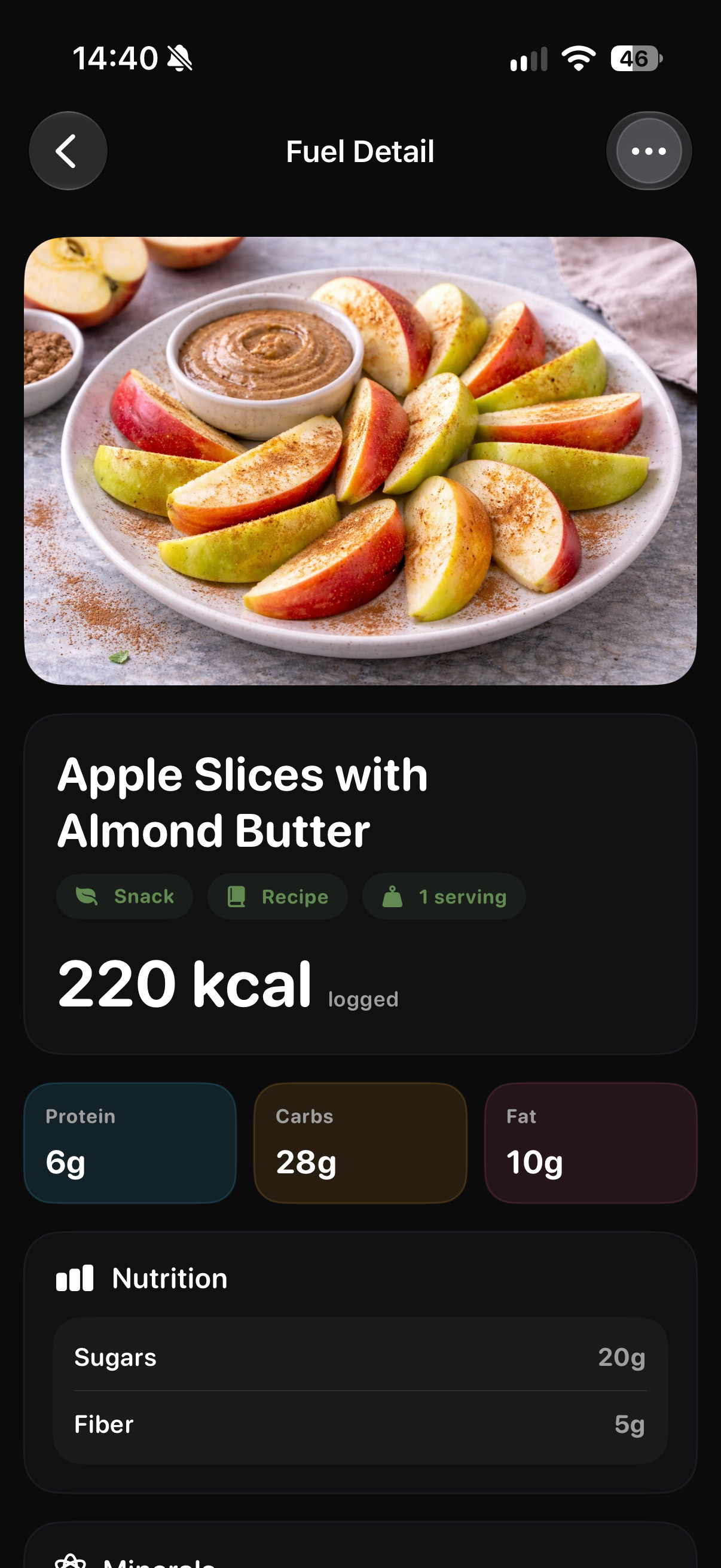 THRYV logged food detail screen showing meal nutrition