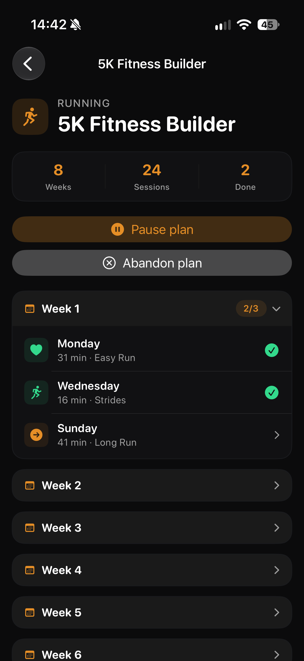 THRYV running plan screen showing a 5K training plan