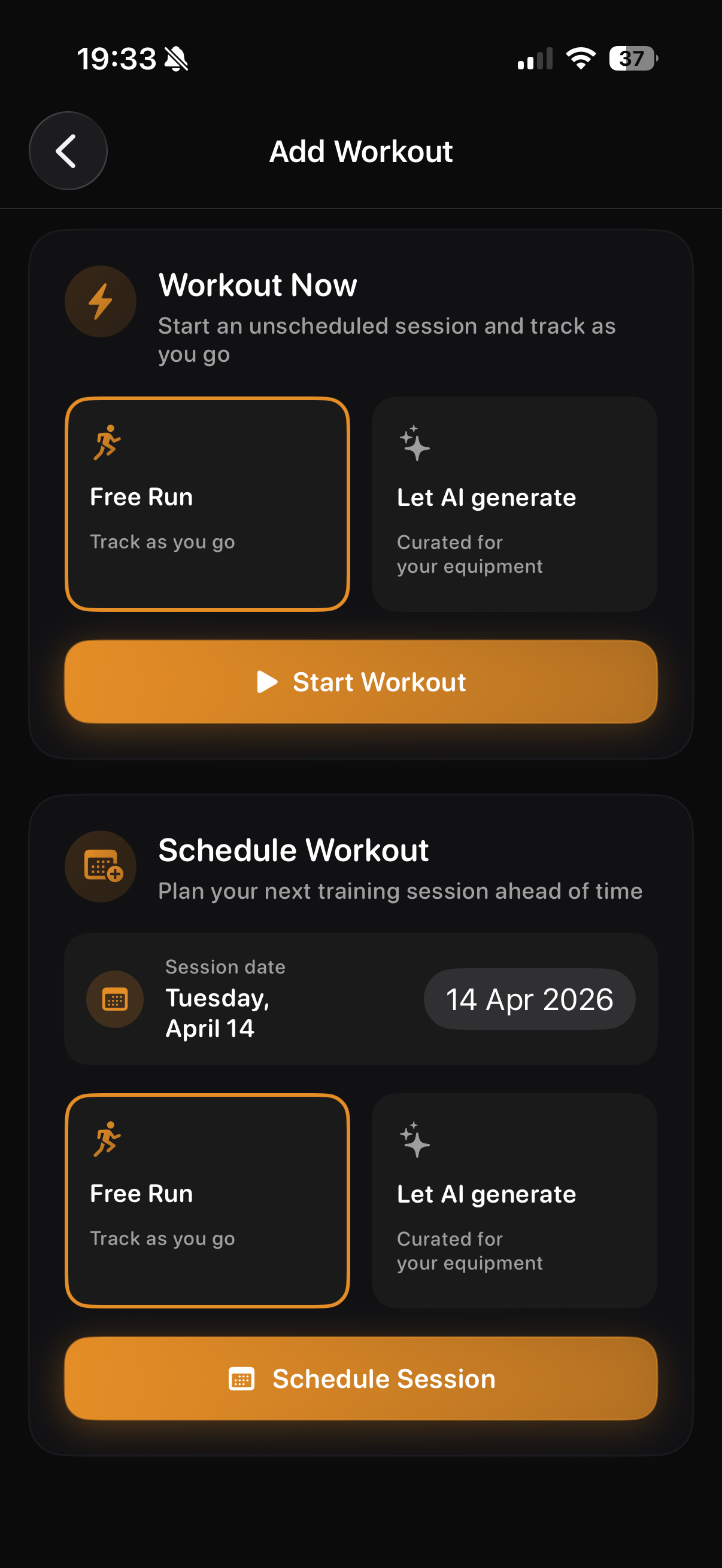 THRYV movement screen for adding a workout