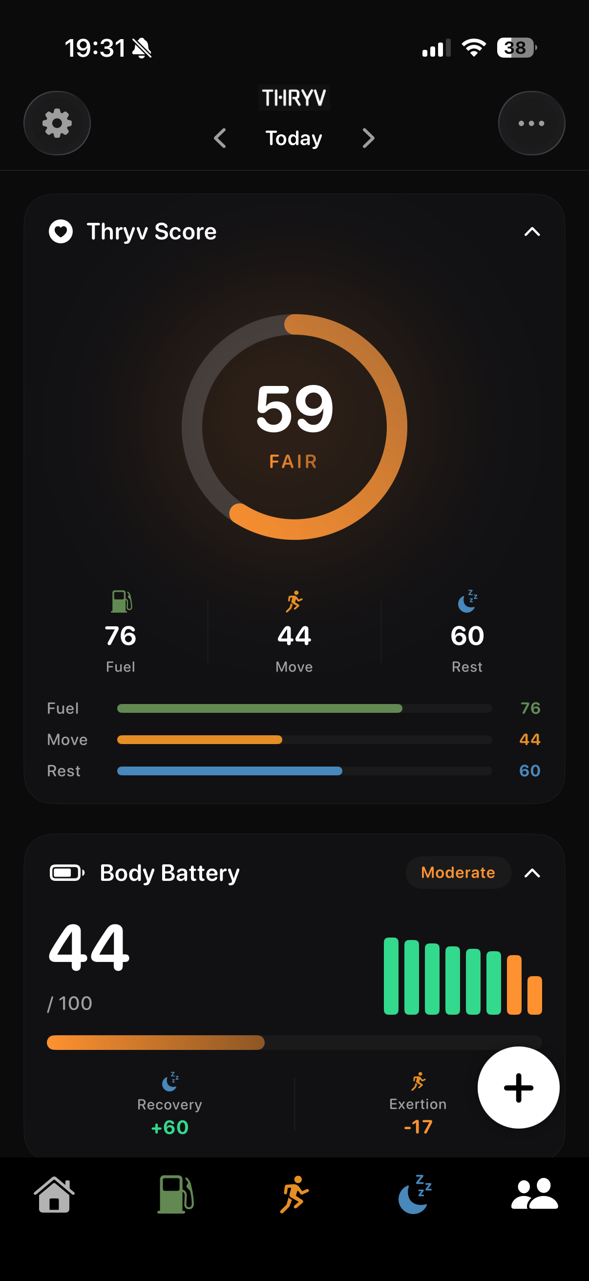 THRYV Score screen bringing Fuel, Move and Rest together