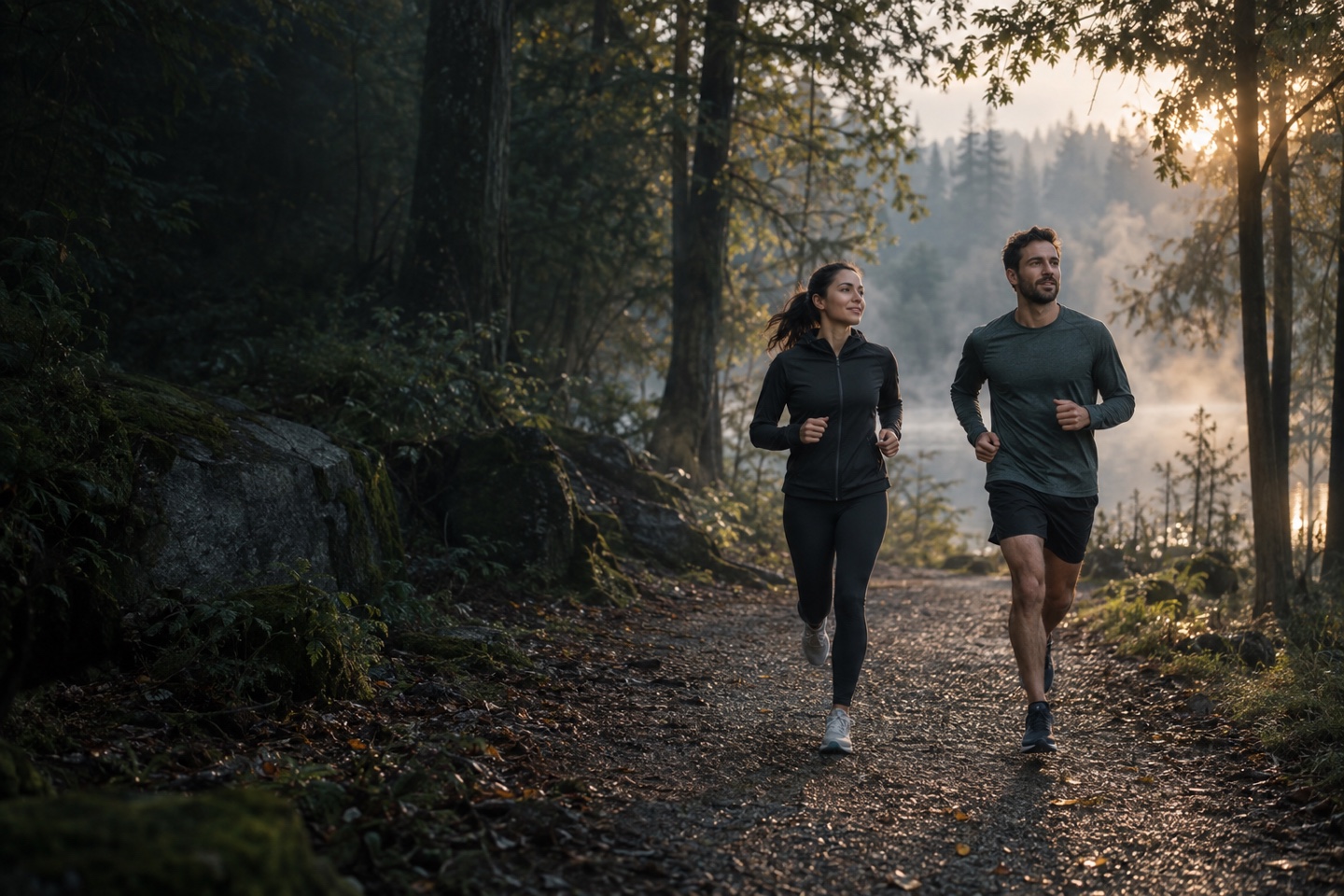 Two runners on a trail at dawn